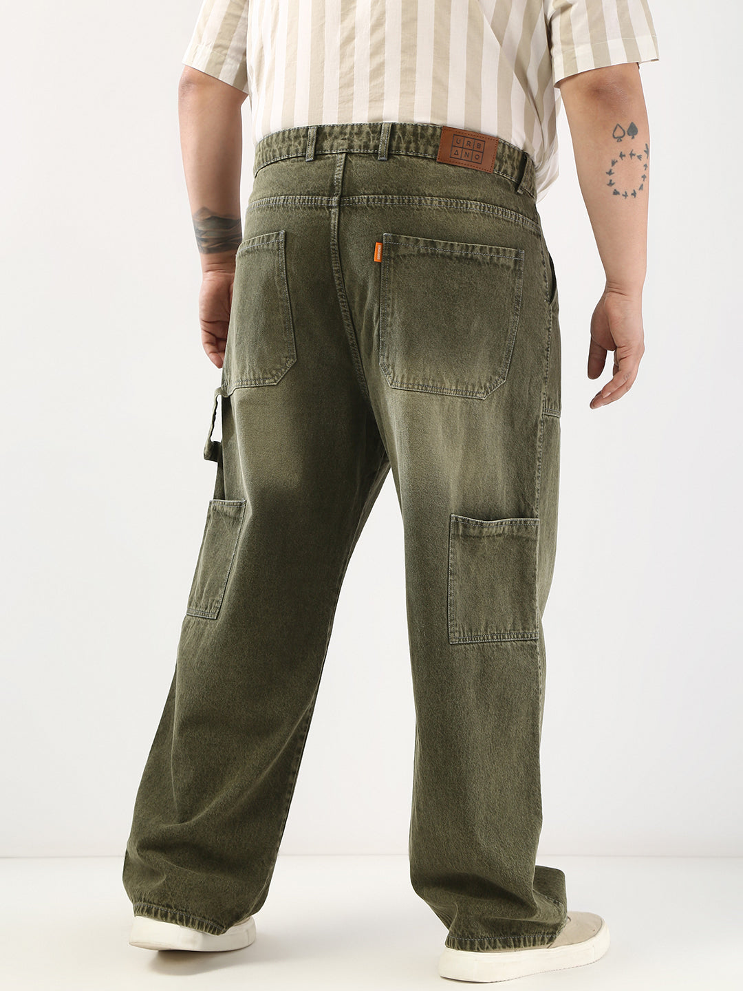 Plus Men's Olive Loose Fit Cargo Carpenter Jeans With 6 Pockets Non-Stretchable