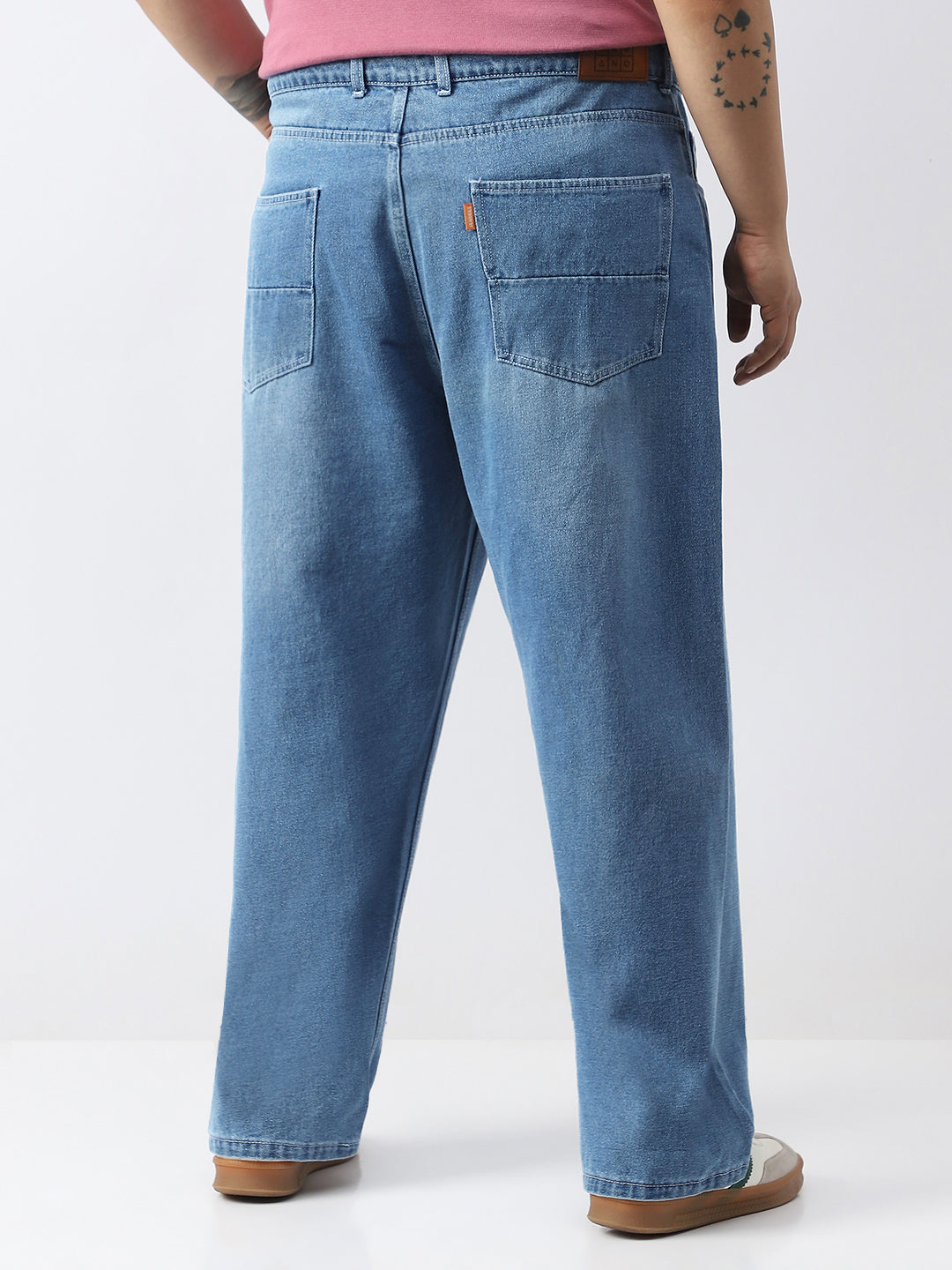 Plus Men's Light Blue Loose Baggy Fit Washed Jeans Non-Stretchable