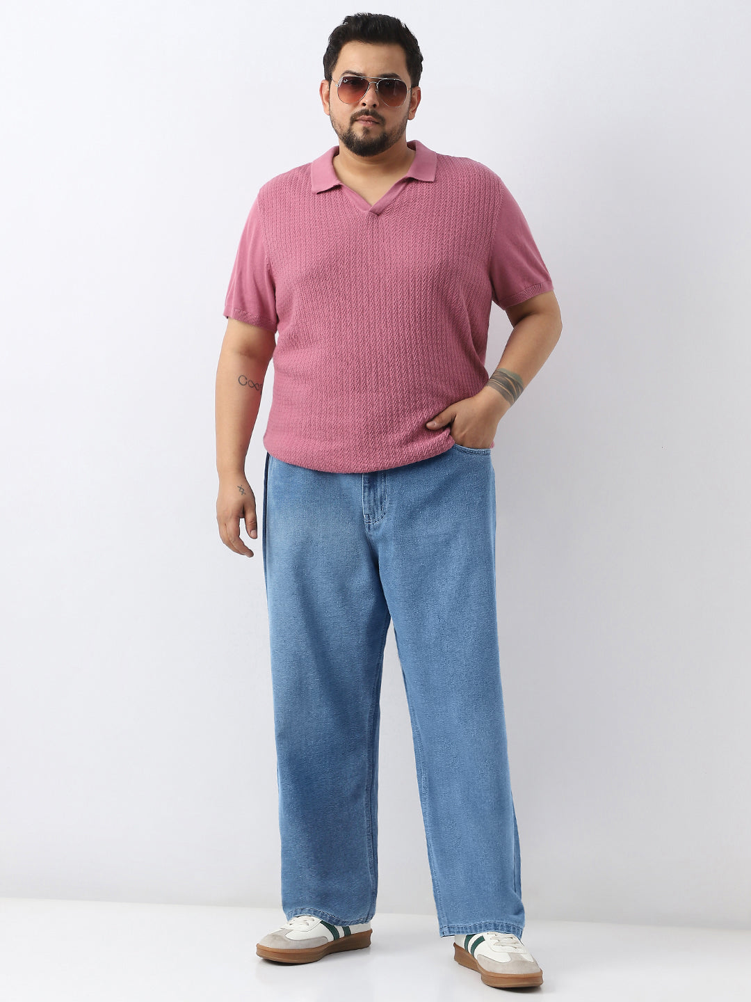 Plus Men's Light Blue Loose Baggy Fit Washed Jeans Non-Stretchable