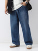 Plus Men's Blue Loose Baggy Fit Washed Jeans Non-Stretchable
