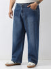 Plus Men's Blue Loose Baggy Fit Washed Jeans Non-Stretchable