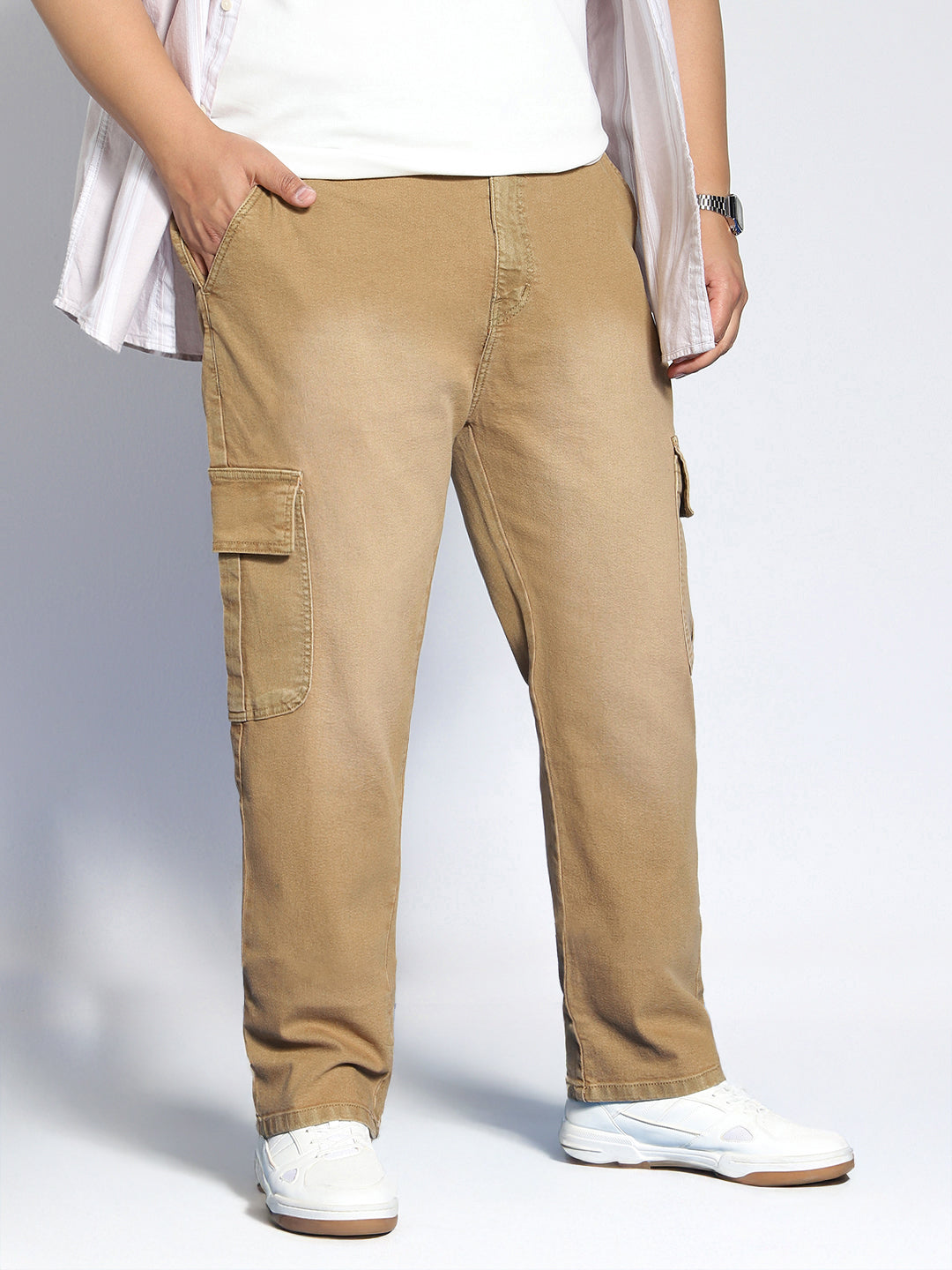 Plus Men's Dark Khaki Regular Fit Washed Cargo Jeans With 6 Pockets Stretchable