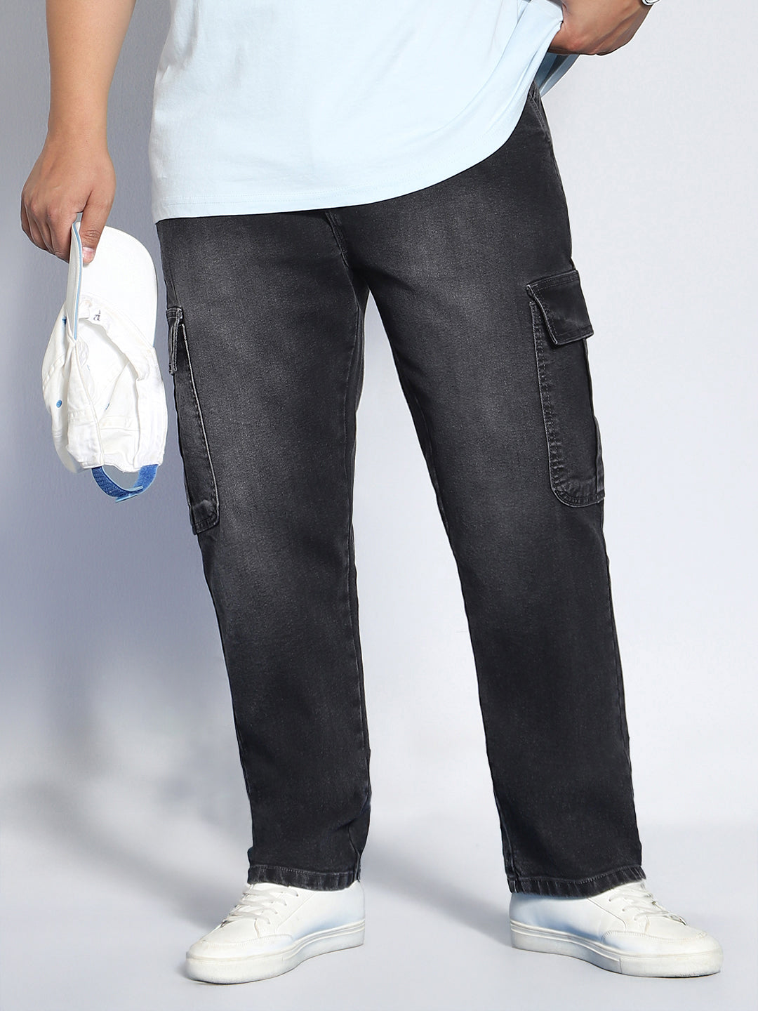 Plus Men's Grey Regular Fit Washed Cargo Jeans With 6 Pockets Stretchable