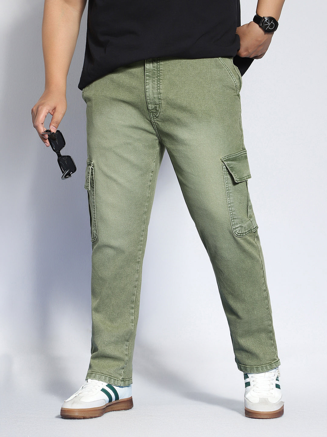 Plus Men's Olive Green Regular Fit Washed Cargo Jeans With 6 Pockets Stretchable