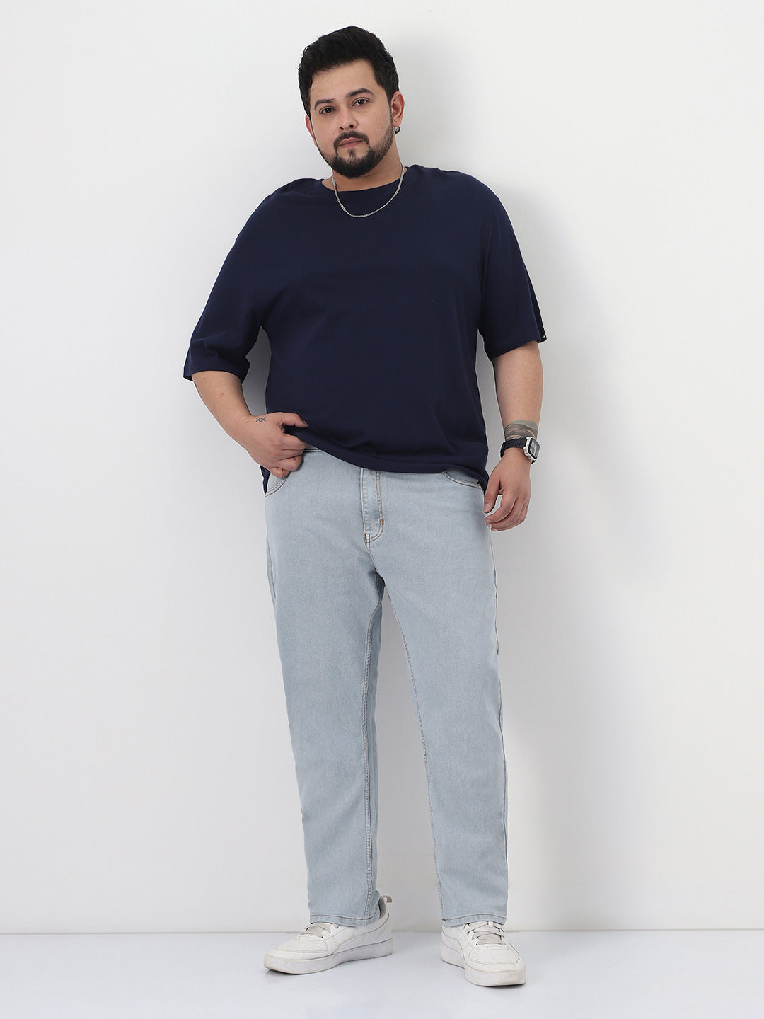 Plus Men's Ice Grey Slim Fit Washed Denim Jeans Stretchable