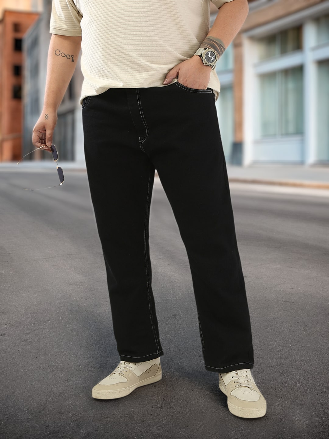 Plus Men's Black Straight Fit Washed Jeans Stretchable