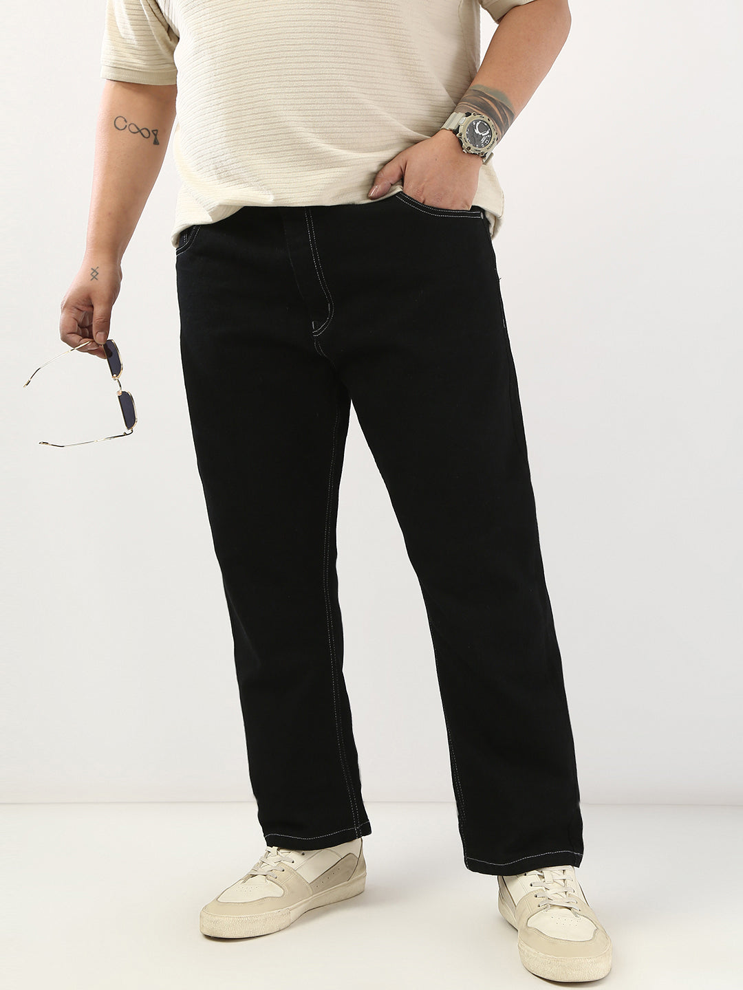 Plus Men's Black Straight Fit Washed Jeans Stretchable