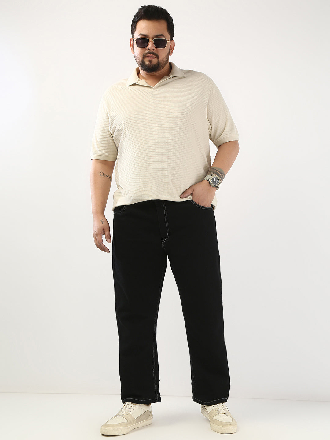 Plus Men's Black Straight Fit Washed Jeans Stretchable