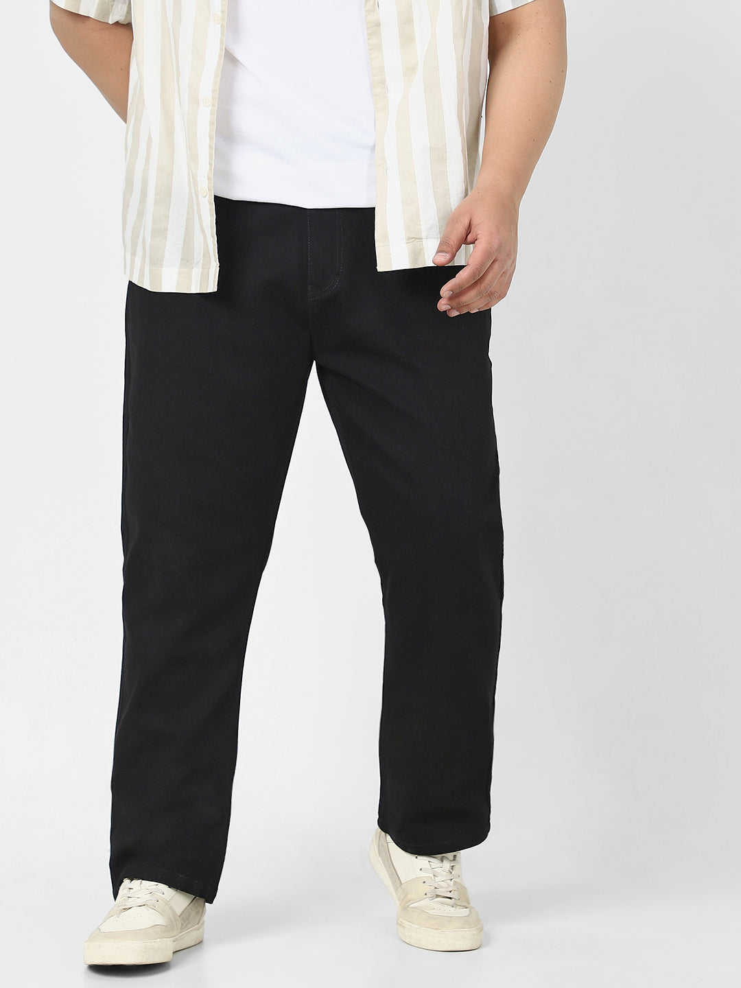 Plus Men's Black Straight Fit Washed Jeans Stretchable