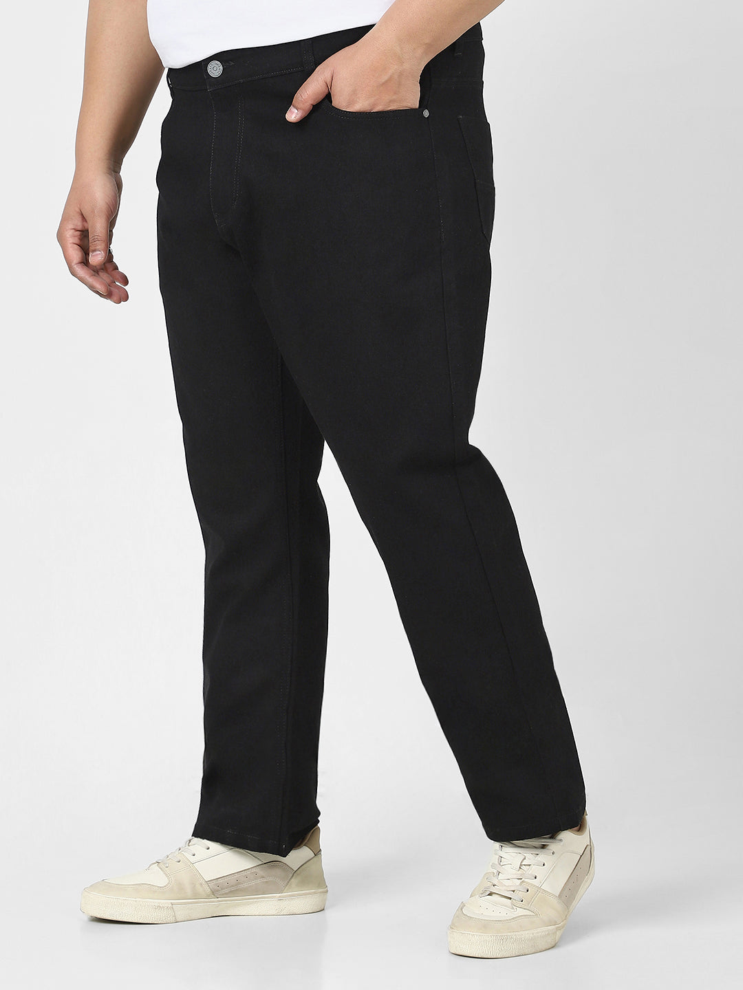 Plus Men's Black Straight Fit Washed Jeans Stretchable