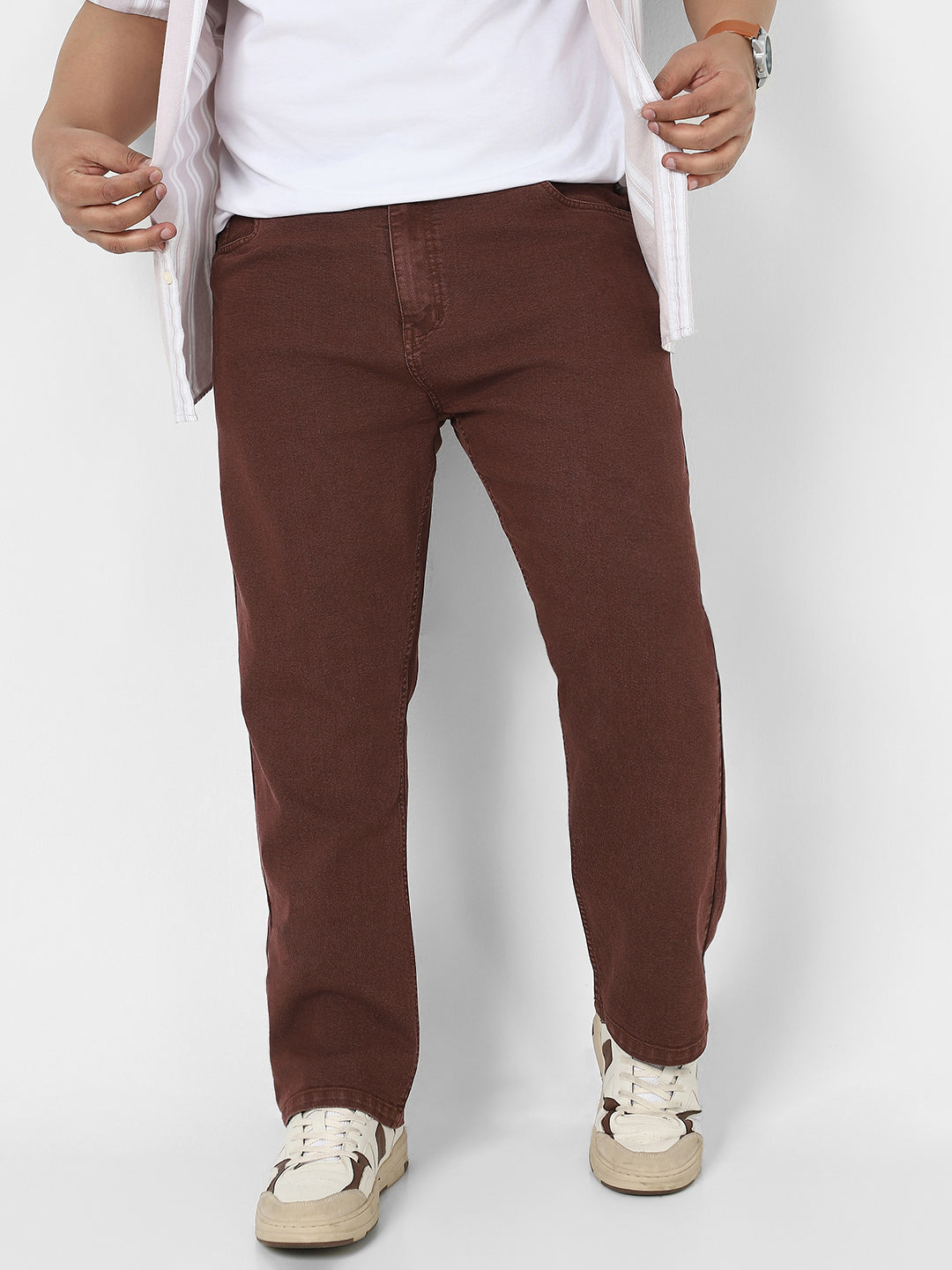 Plus Men's Brown Straight Fit Washed Jeans Stretchable