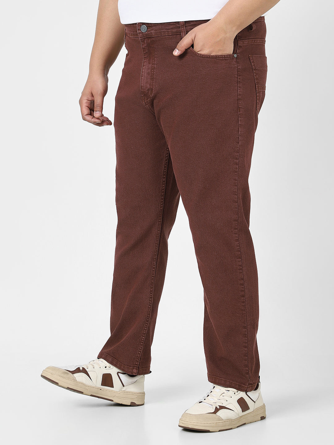 Plus Men's Brown Straight Fit Washed Jeans Stretchable