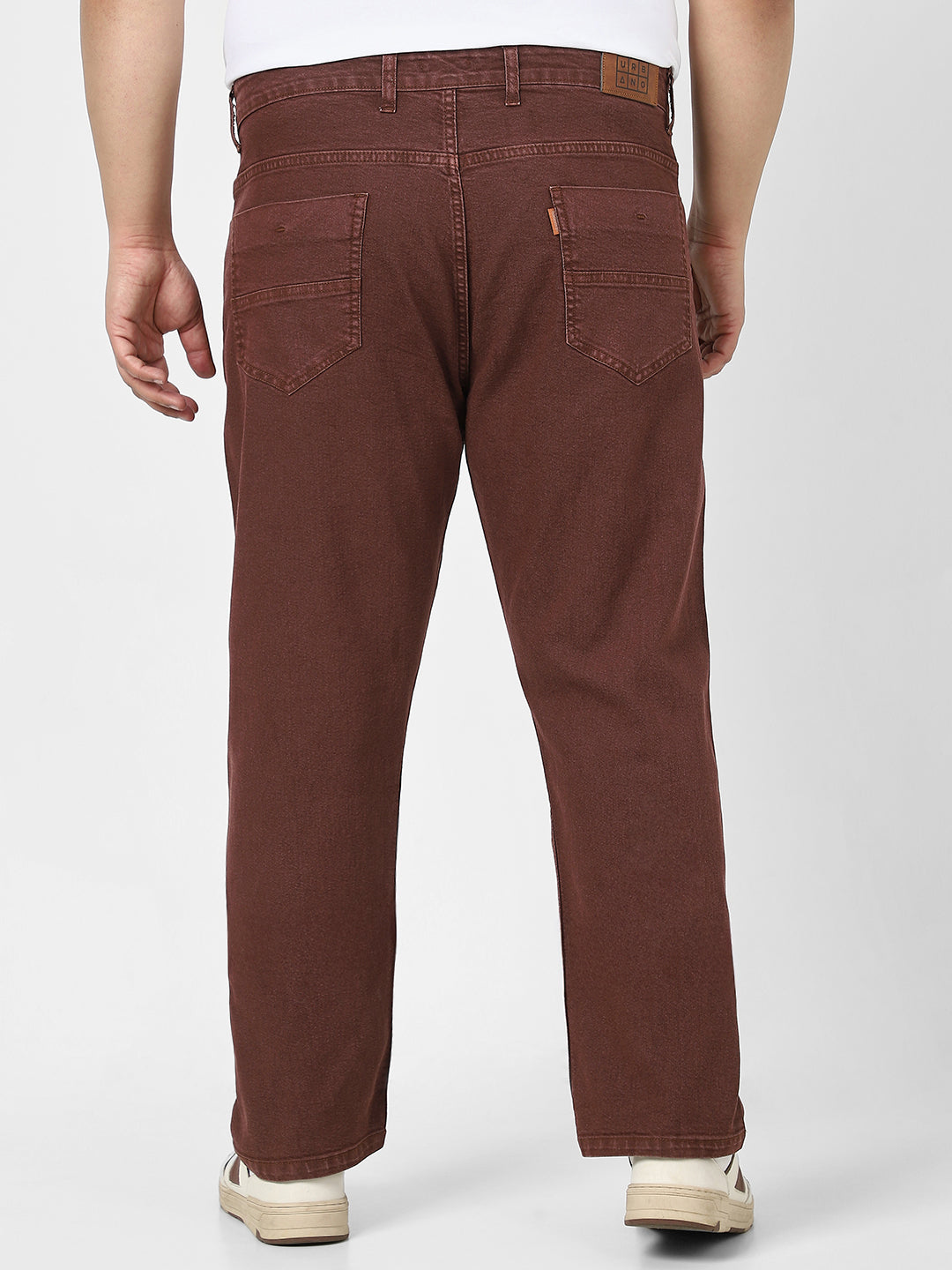 Plus Men's Brown Straight Fit Washed Jeans Stretchable