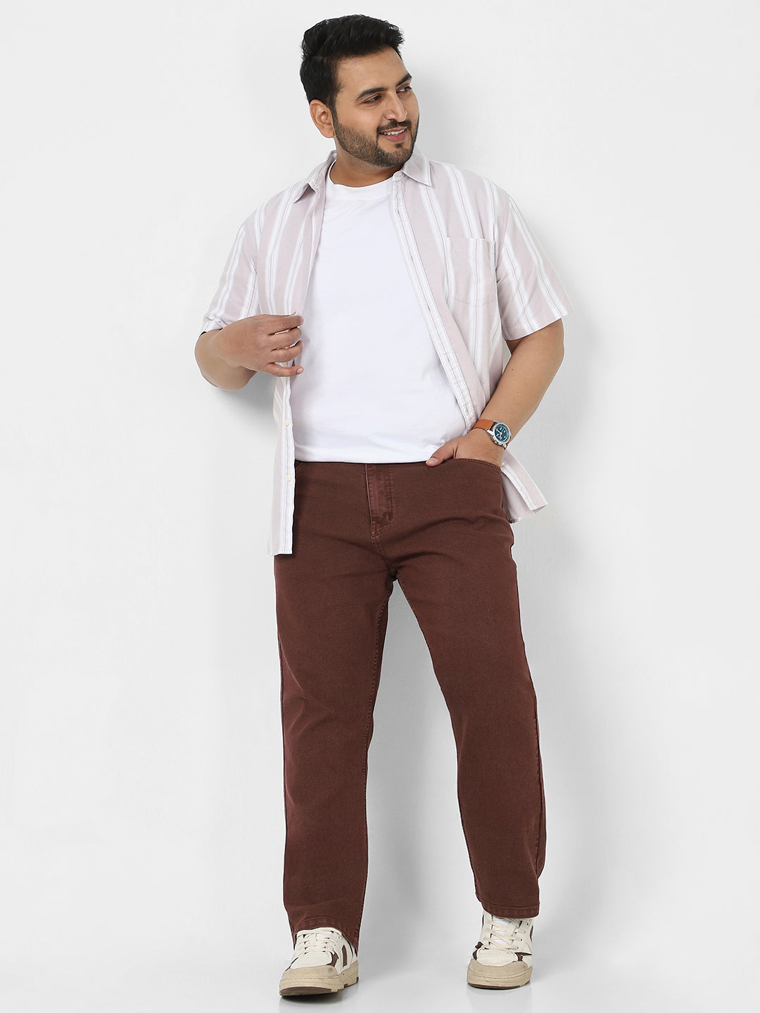 Plus Men's Brown Straight Fit Washed Jeans Stretchable