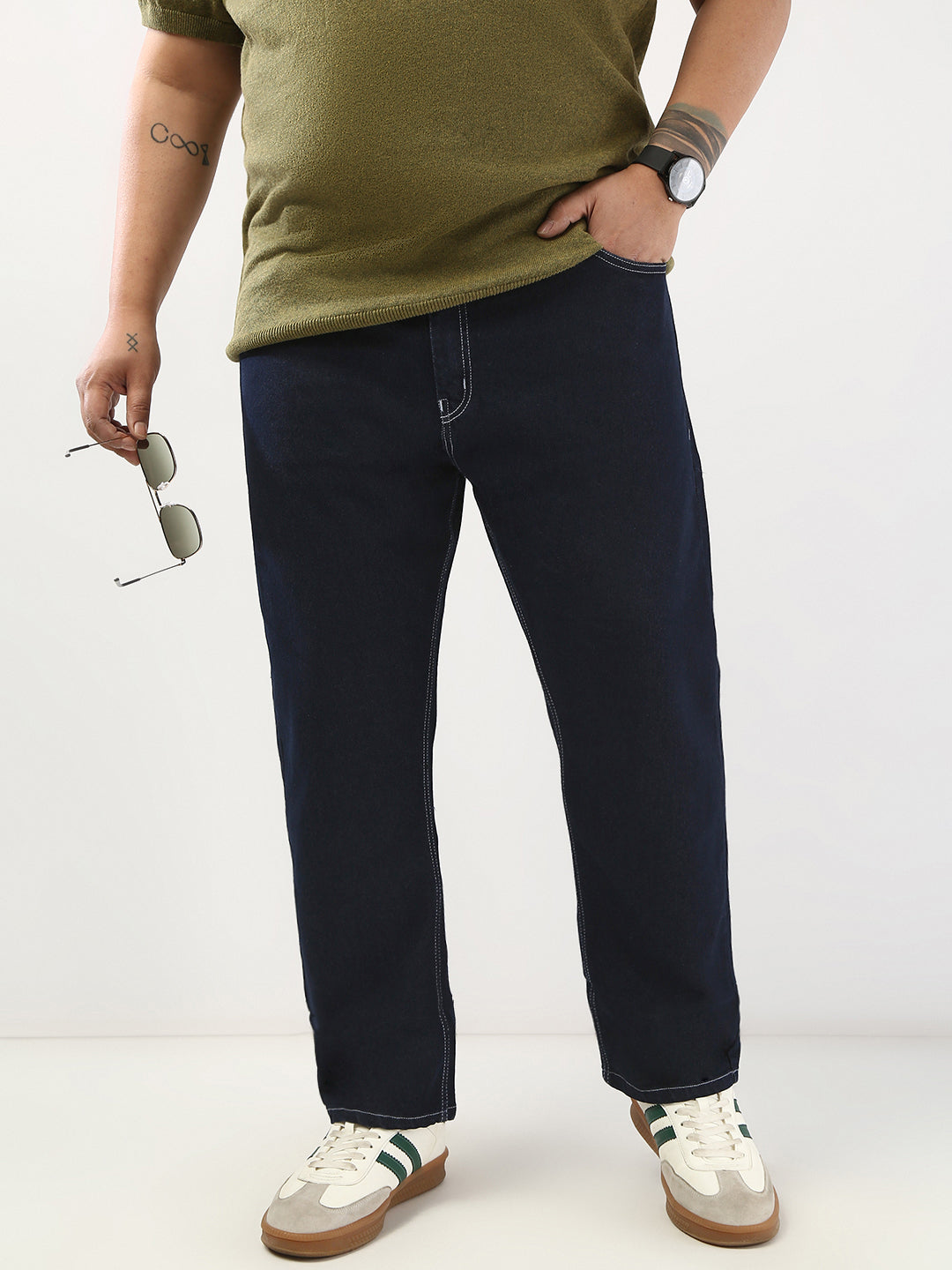 Plus Men's Dark Blue Straight Fit Washed Jeans Stretchable