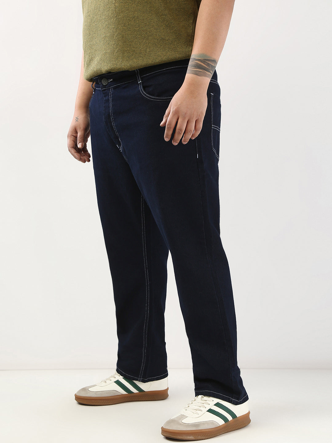 Plus Men's Dark Blue Straight Fit Washed Jeans Stretchable