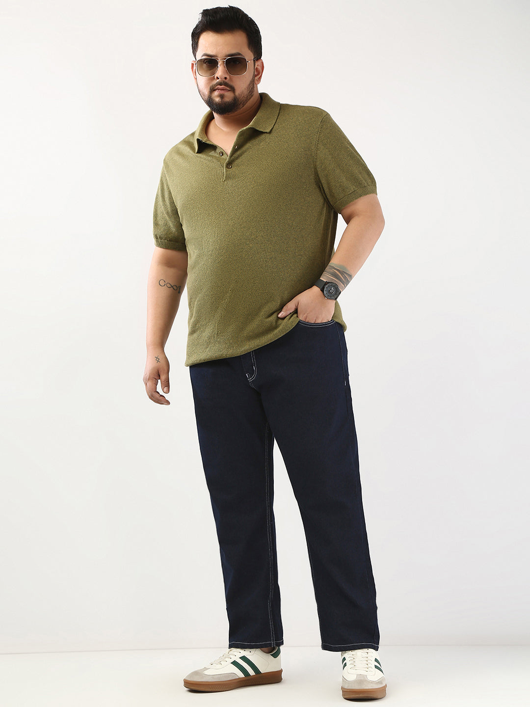 Plus Men's Dark Blue Straight Fit Washed Jeans Stretchable