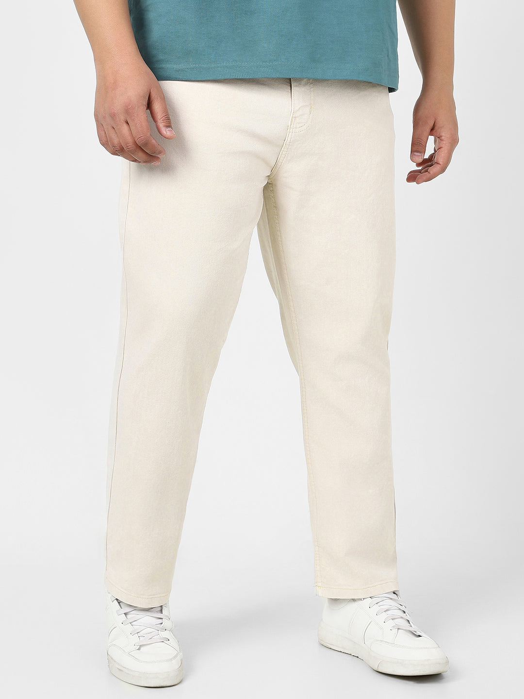 Plus Men's Ecru Straight Fit Washed Jeans Stretchable