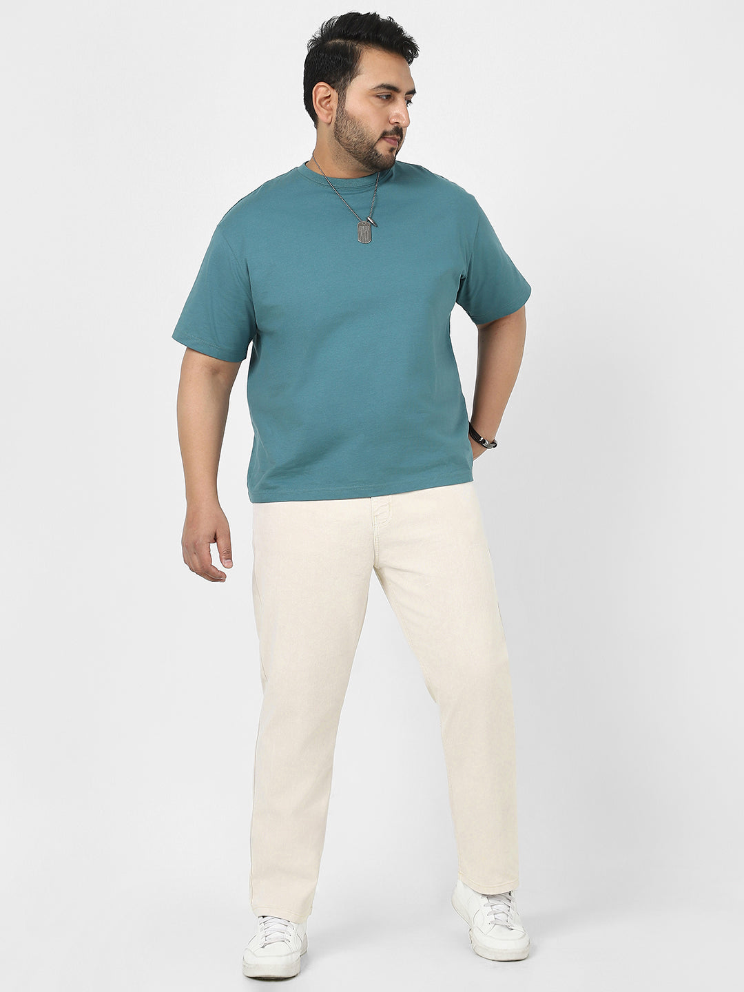 Plus Men's Ecru Straight Fit Washed Jeans Stretchable