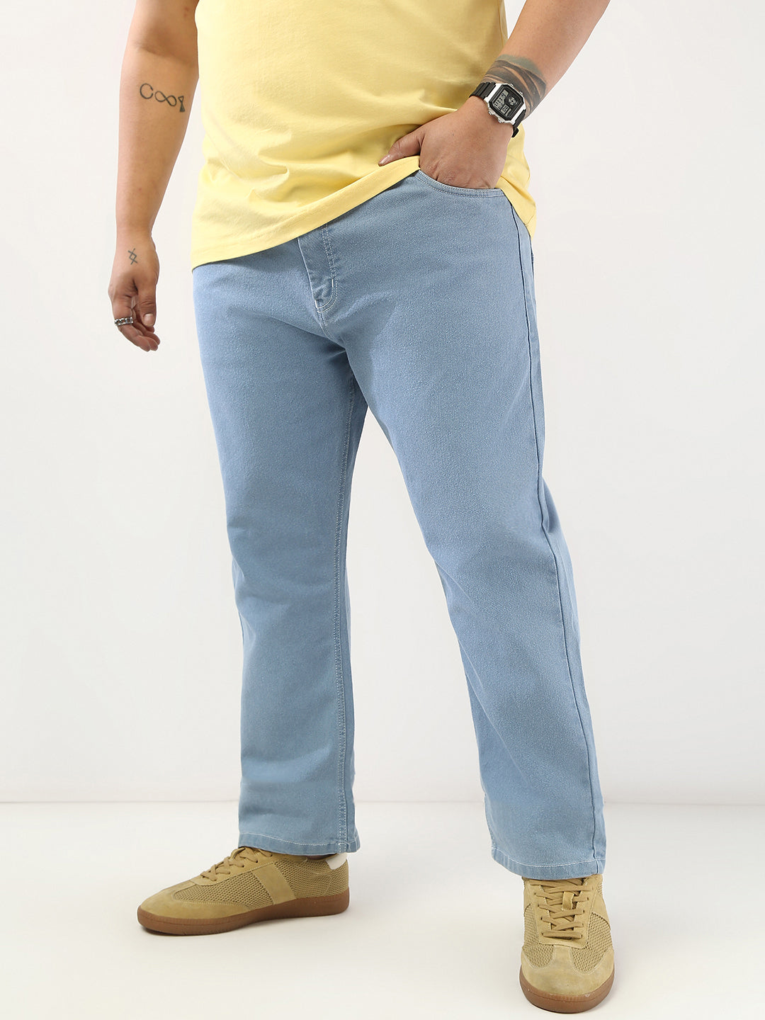 Plus Men's Ice Blue Straight Fit Washed Jeans Stretchable
