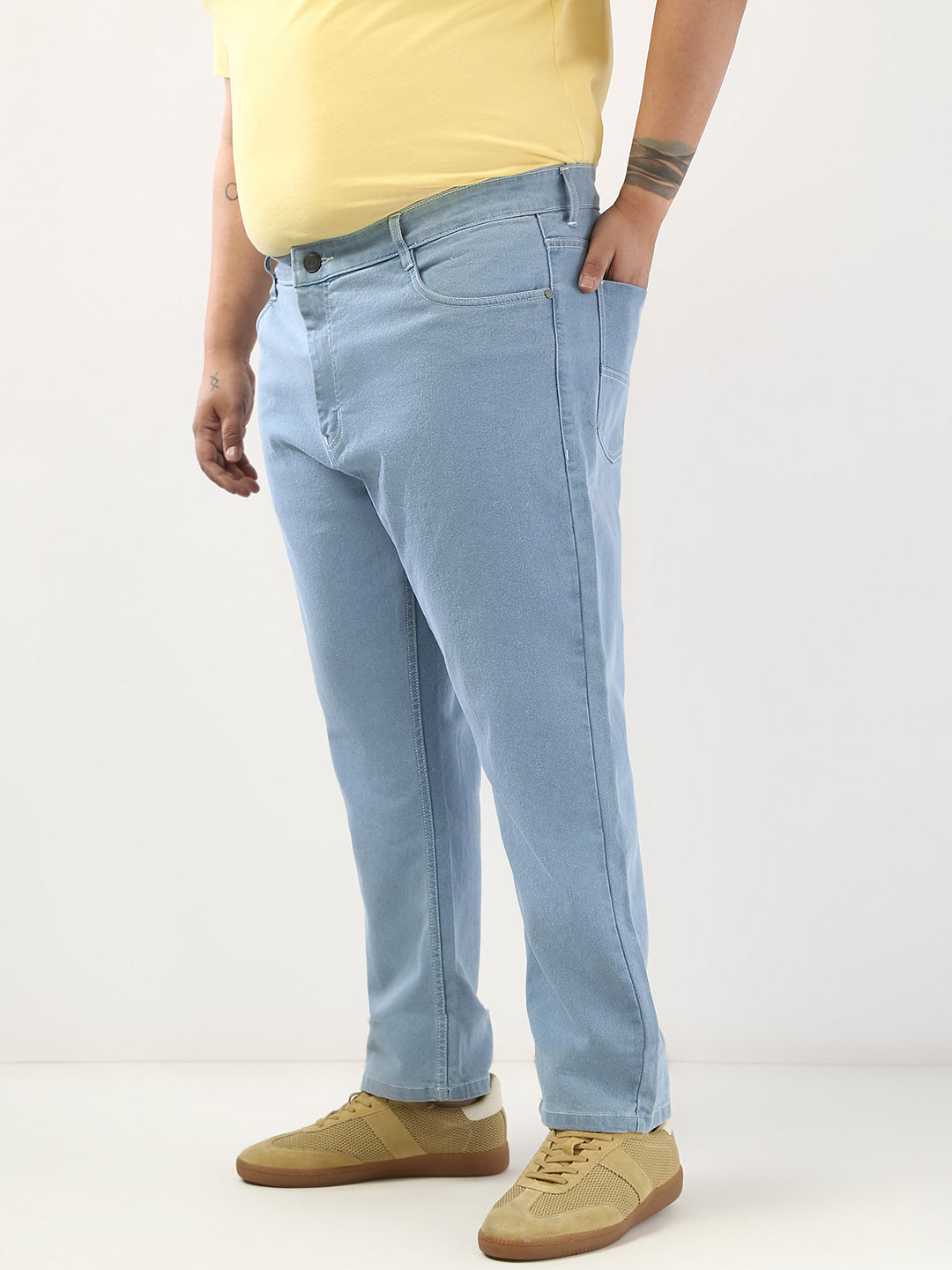 Plus Men's Ice Blue Straight Fit Washed Jeans Stretchable