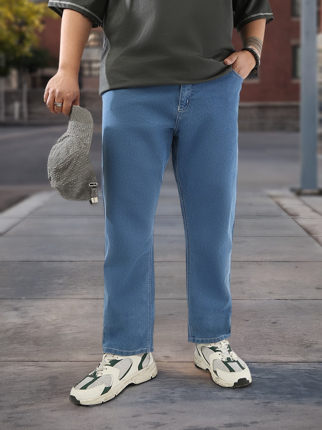 Plus Men's Light Blue Straight Fit Washed Jeans Stretchable