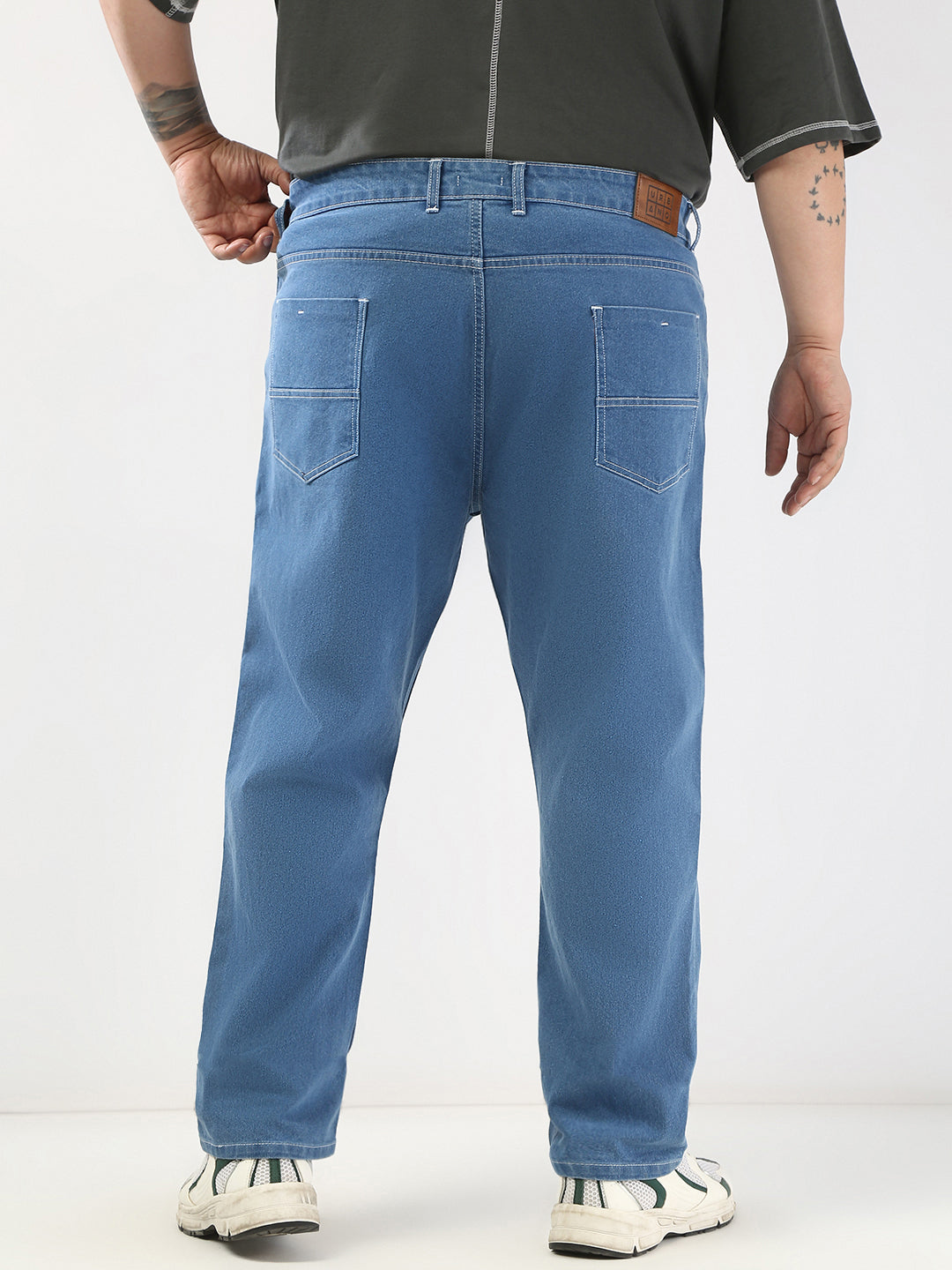 Plus Men's Light Blue Straight Fit Washed Jeans Stretchable
