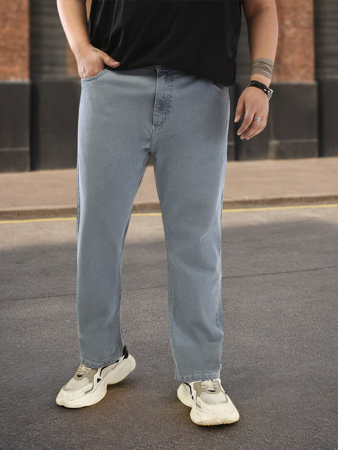 Plus Men's Light Grey Straight Fit Washed Jeans Stretchable