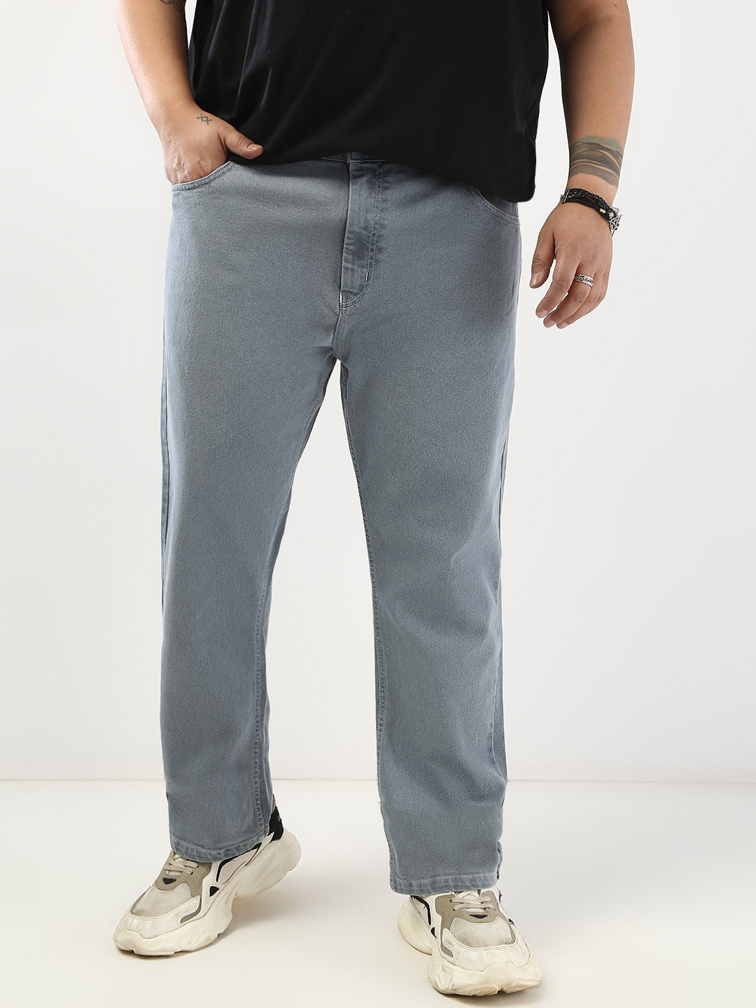 Plus Men's Light Grey Straight Fit Washed Jeans Stretchable