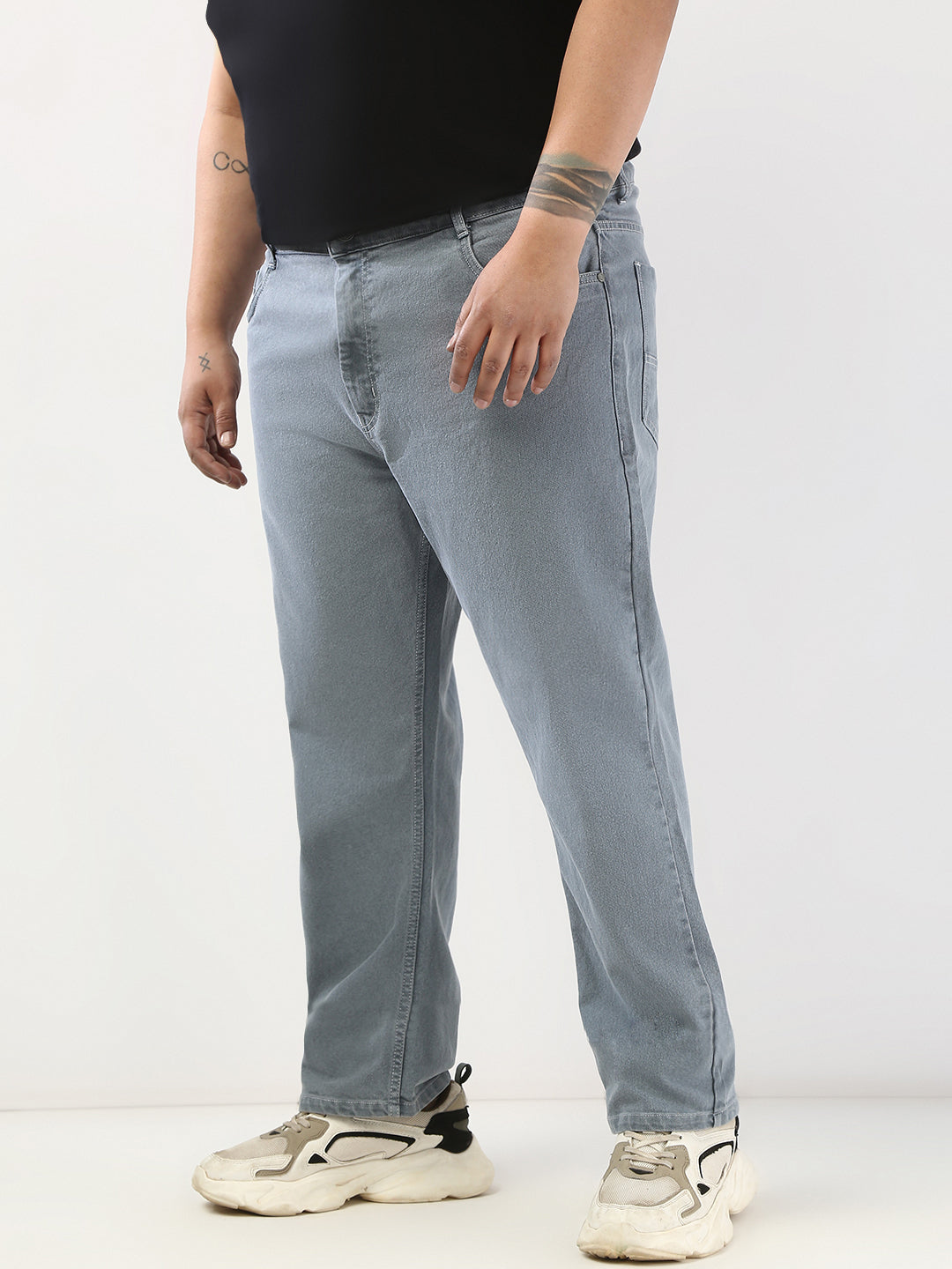 Plus Men's Light Grey Straight Fit Washed Jeans Stretchable