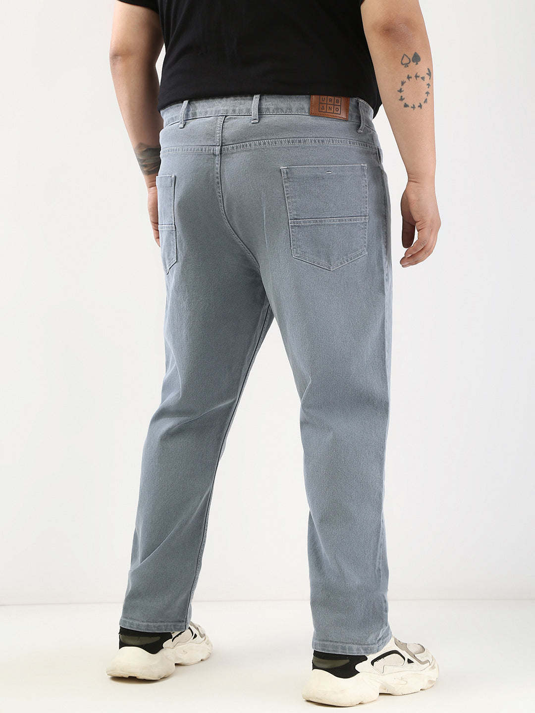 Plus Men's Light Grey Straight Fit Washed Jeans Stretchable