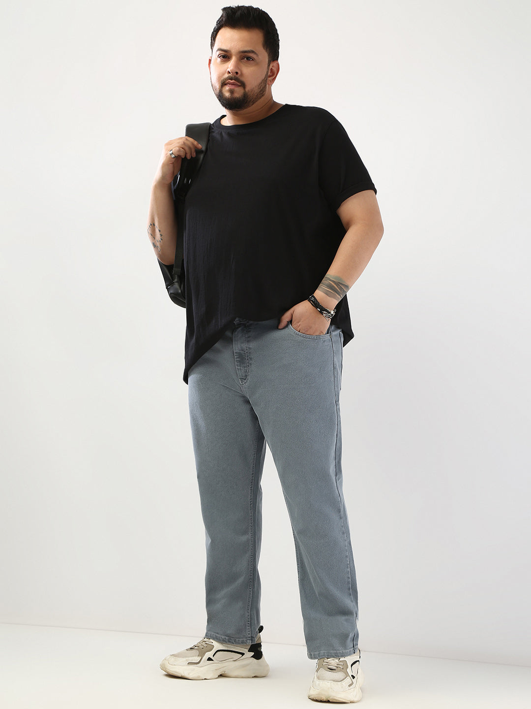 Plus Men's Light Grey Straight Fit Washed Jeans Stretchable