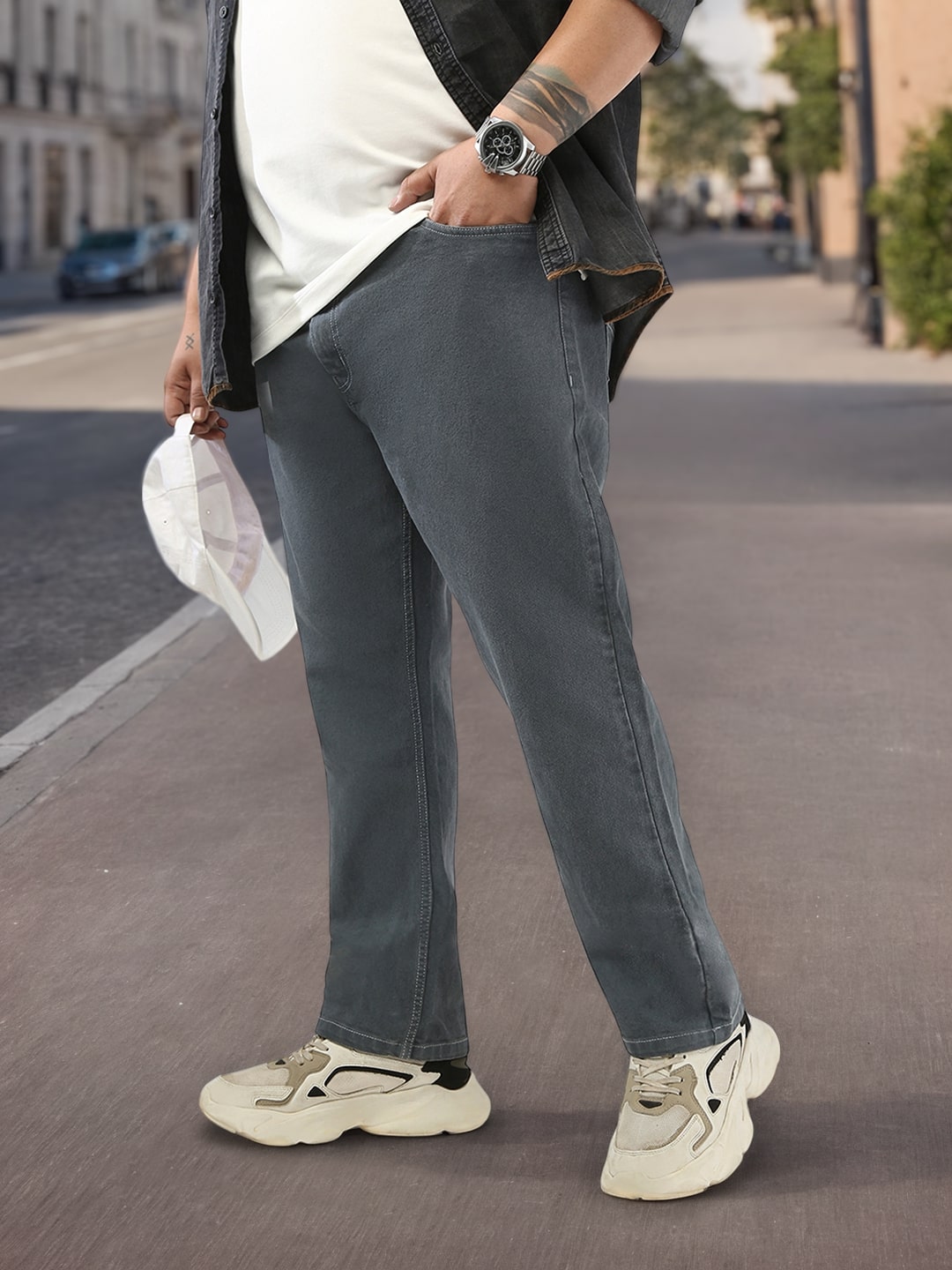 Plus Men's Grey Straight Fit Washed Jeans Stretchable