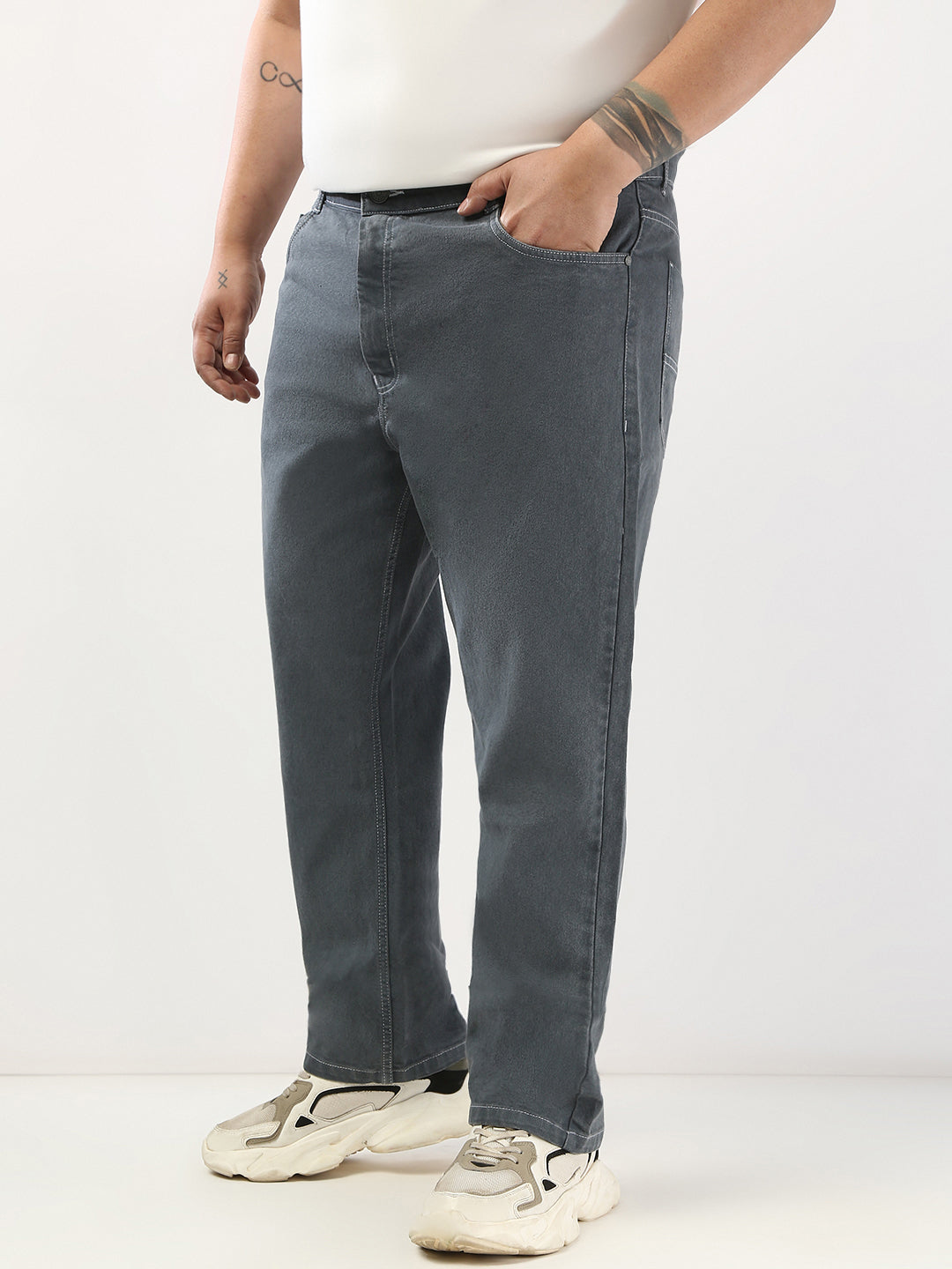 Plus Men's Grey Straight Fit Washed Jeans Stretchable