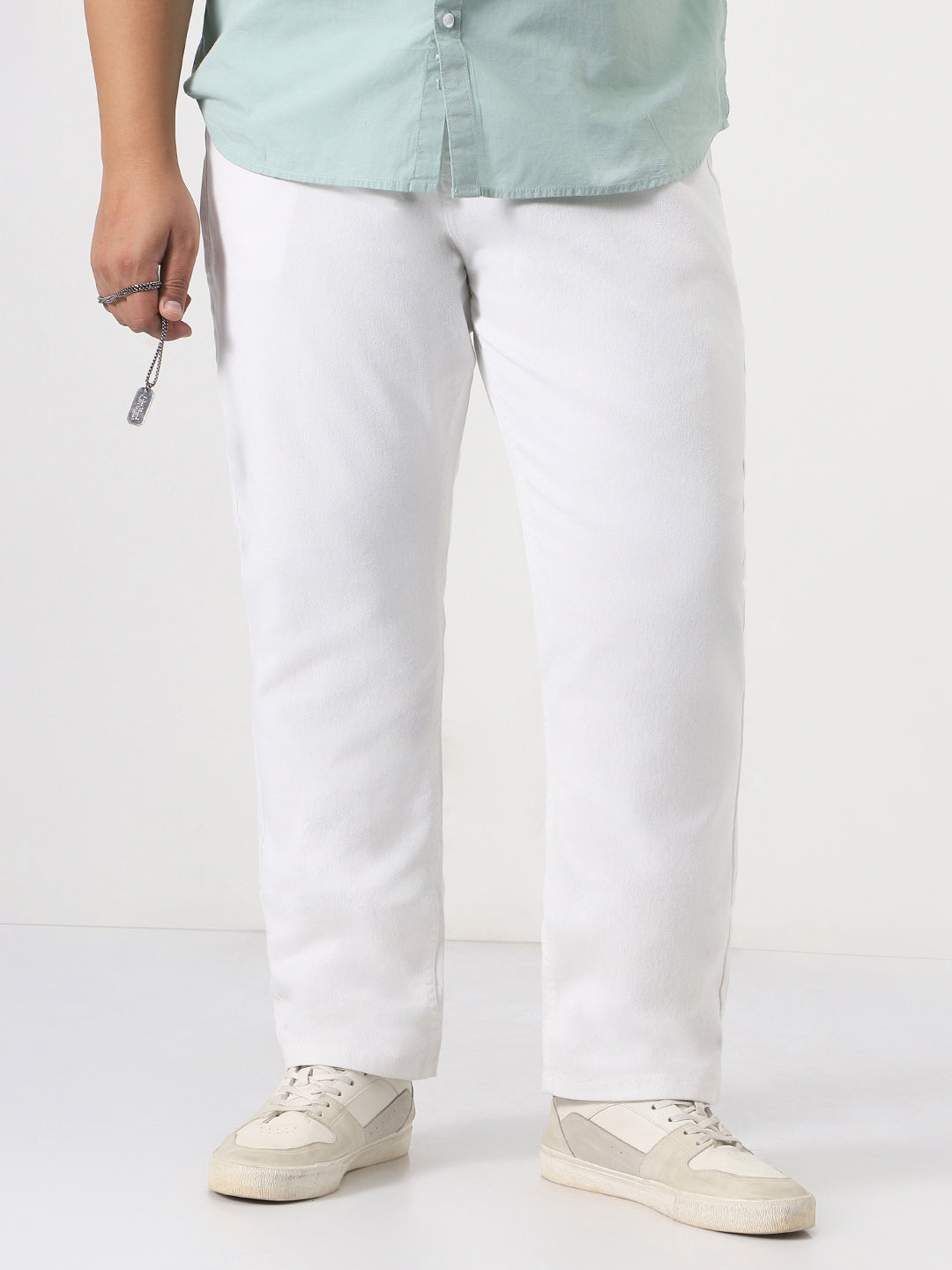 Plus Men's White Straight Fit Washed Jeans Stretchable