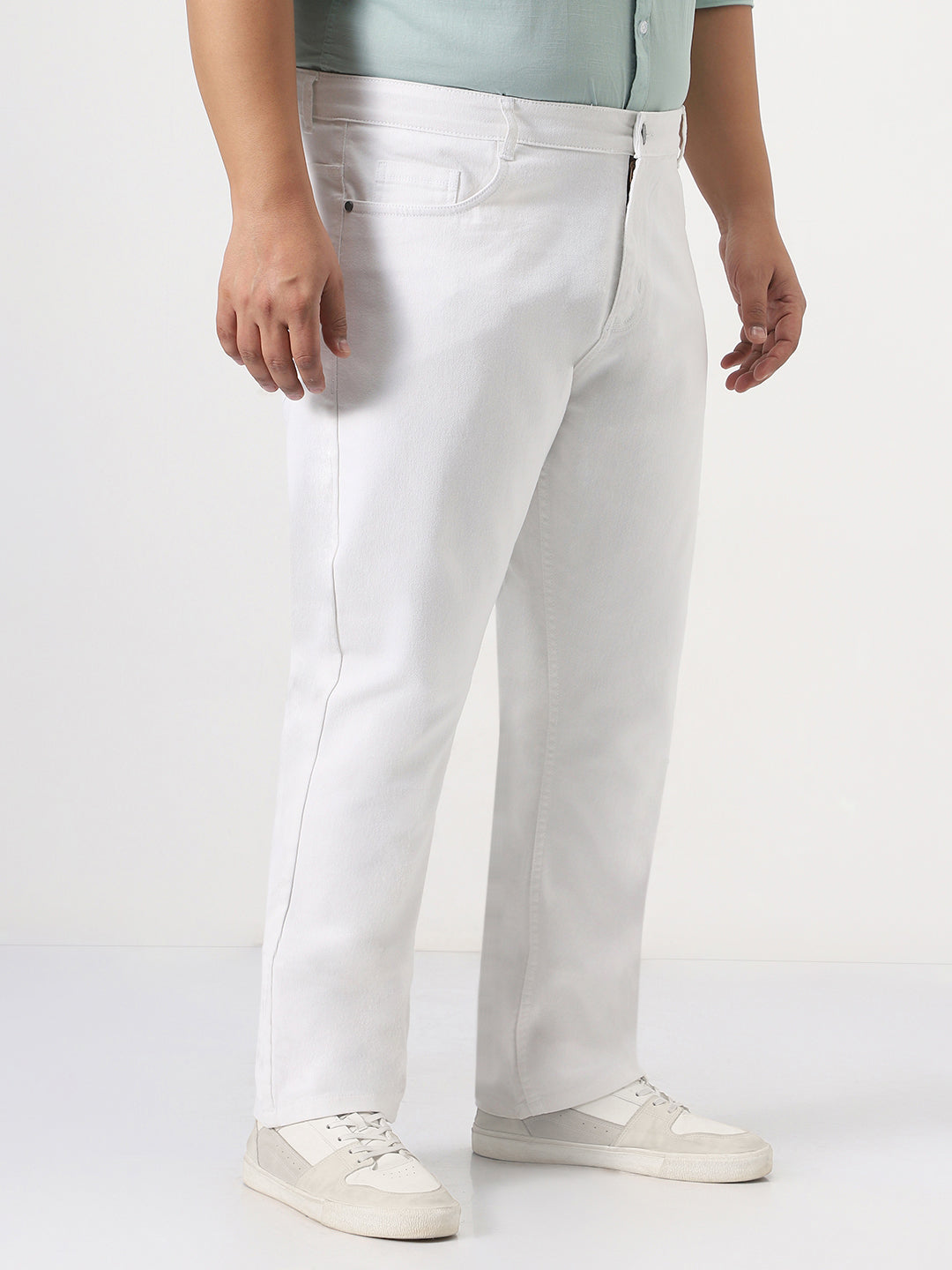 Plus Men's White Straight Fit Washed Jeans Stretchable