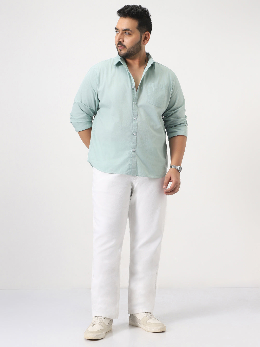 Plus Men's White Straight Fit Washed Jeans Stretchable