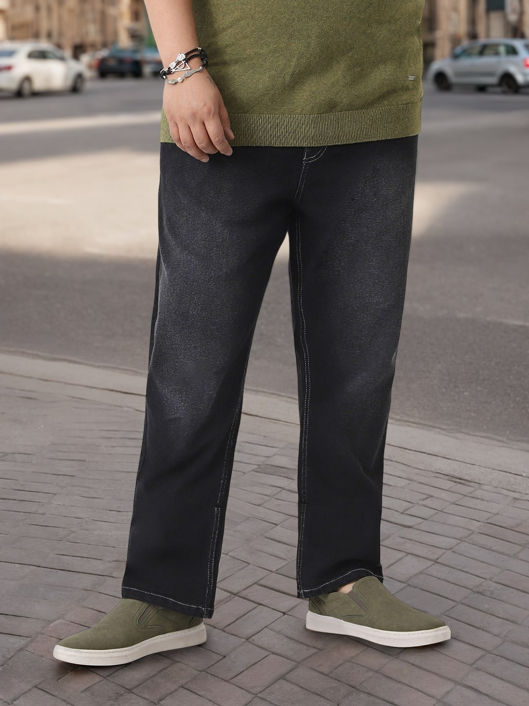 Plus Men's Black Straight Fit Washed Jeans Stretchable