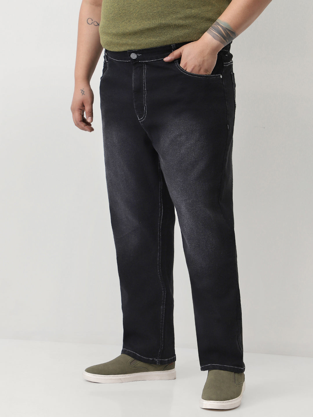 Plus Men's Black Straight Fit Washed Jeans Stretchable