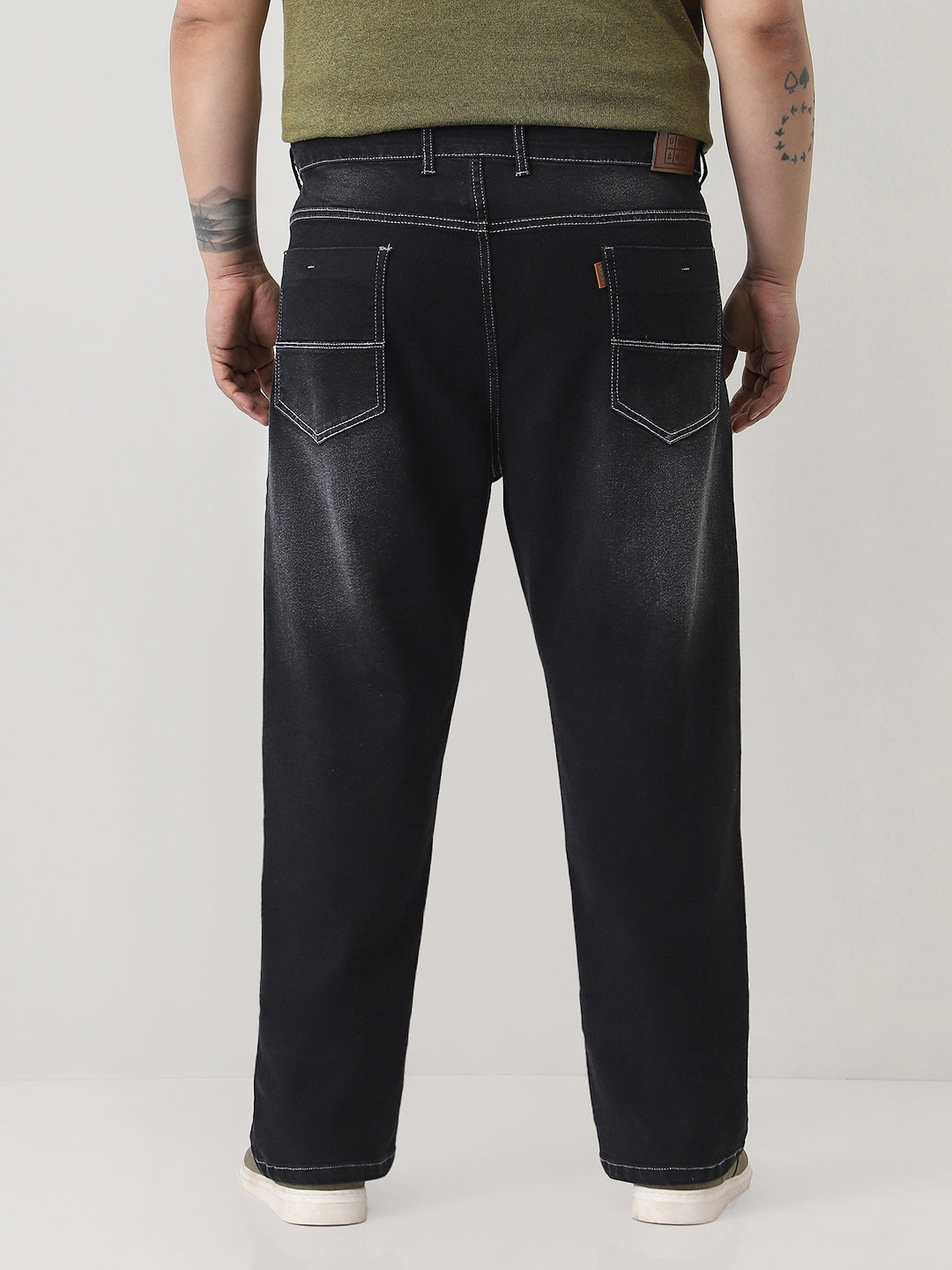 Plus Men's Black Straight Fit Washed Jeans Stretchable