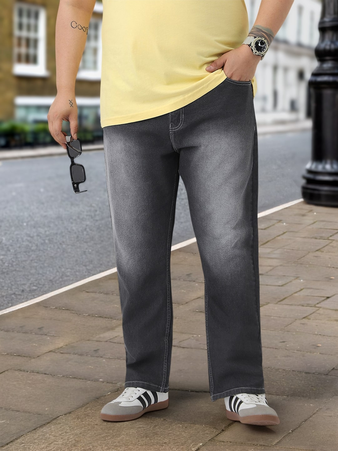 Plus Men's Dark Grey Straight Fit Washed Jeans Stretchable