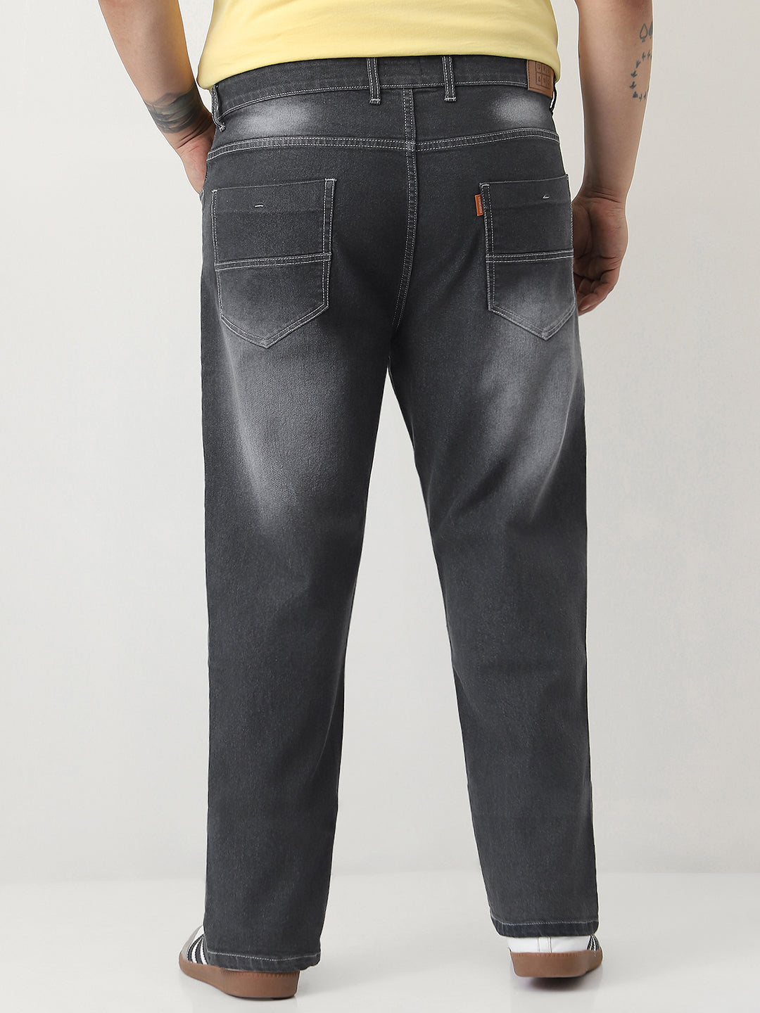 Plus Men's Dark Grey Straight Fit Washed Jeans Stretchable