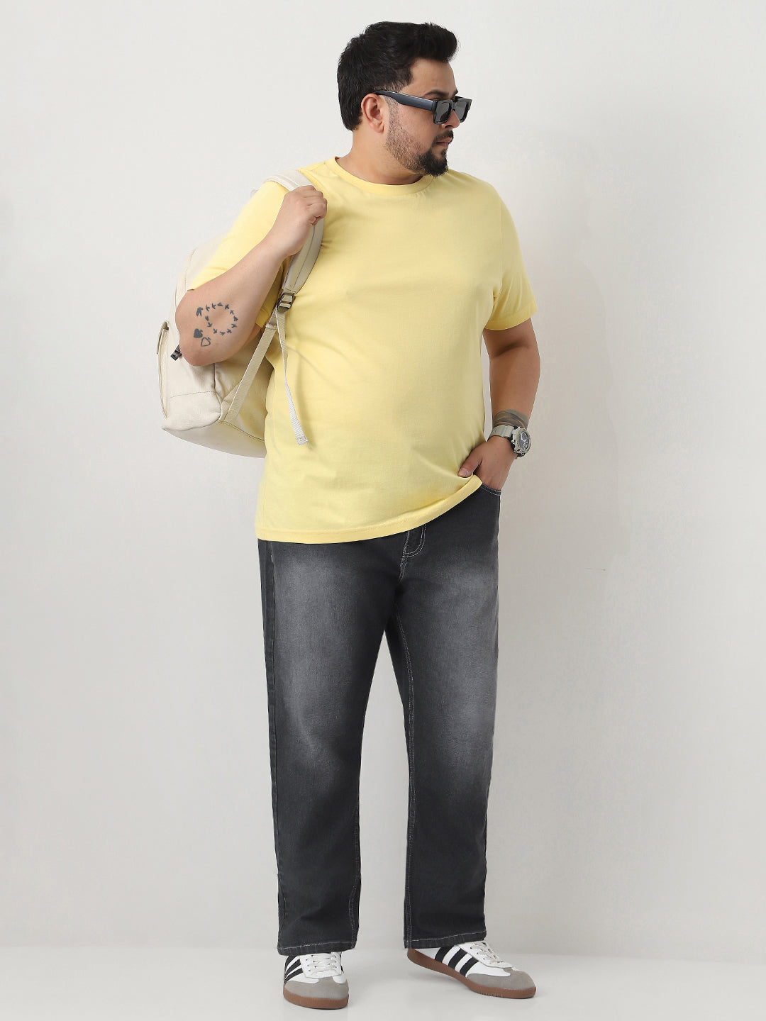 Plus Men's Dark Grey Straight Fit Washed Jeans Stretchable