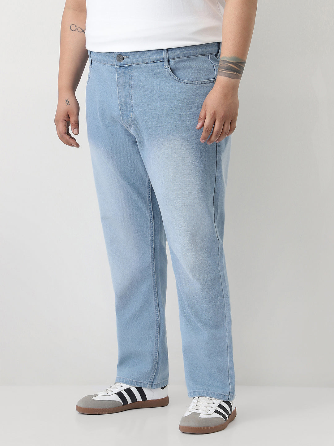Plus Men's Ice Blue Straight Fit Washed Jeans Stretchable