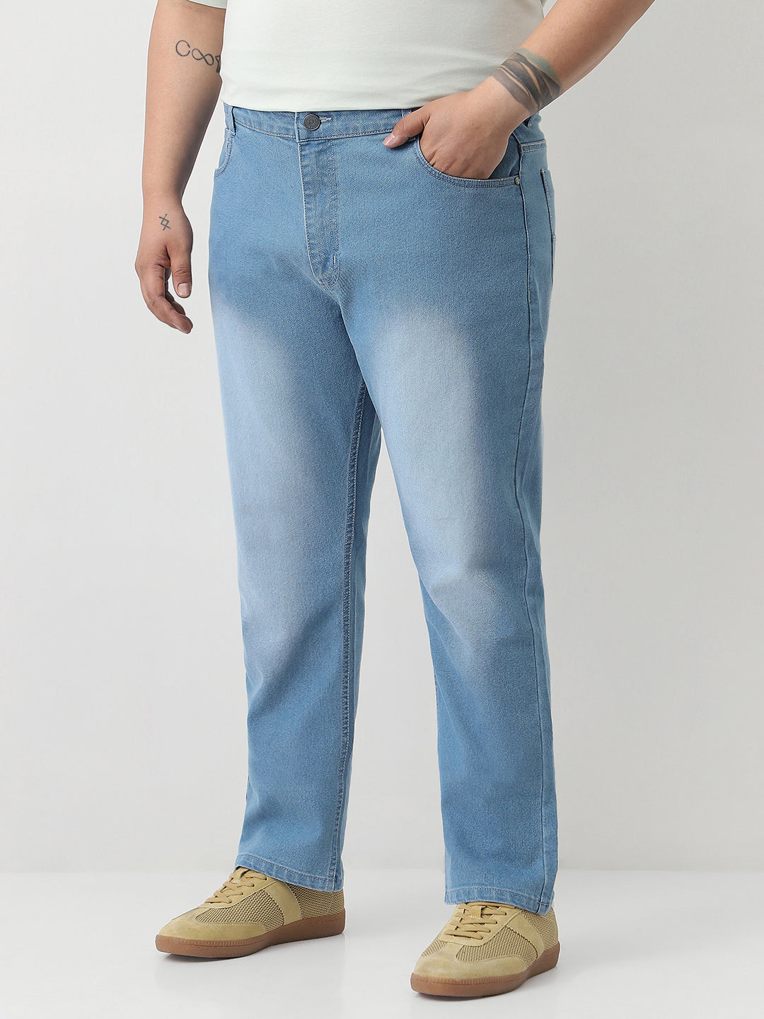 Plus Men's Light Blue Straight Fit Washed Jeans Stretchable