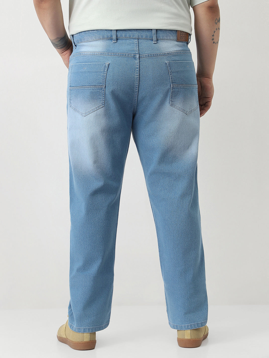 Plus Men's Light Blue Straight Fit Washed Jeans Stretchable