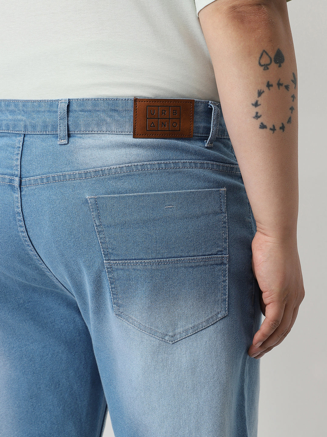 Plus Men's Light Blue Straight Fit Washed Jeans Stretchable