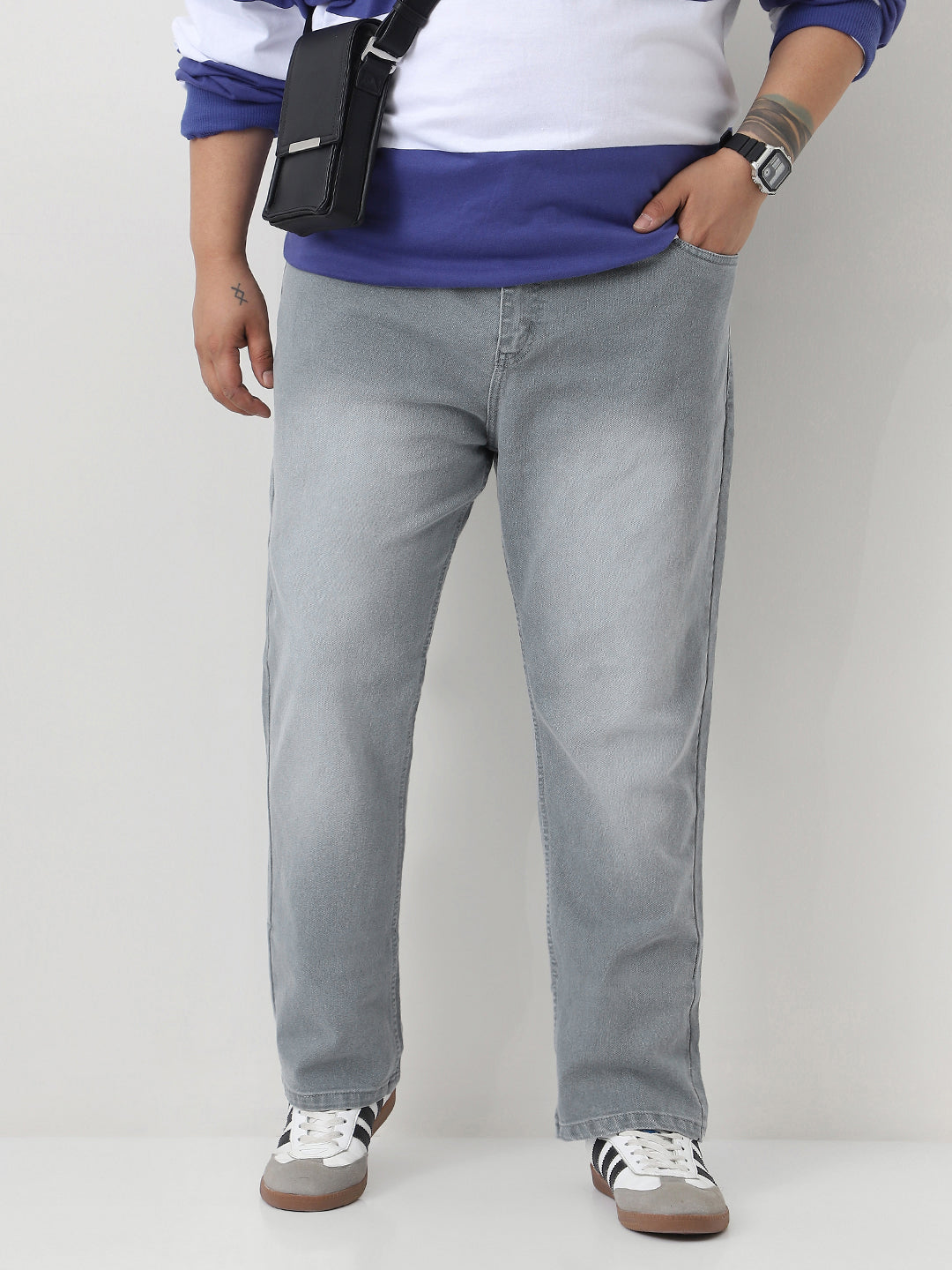 Plus Men's Light Grey Straight Fit Washed Jeans Stretchable