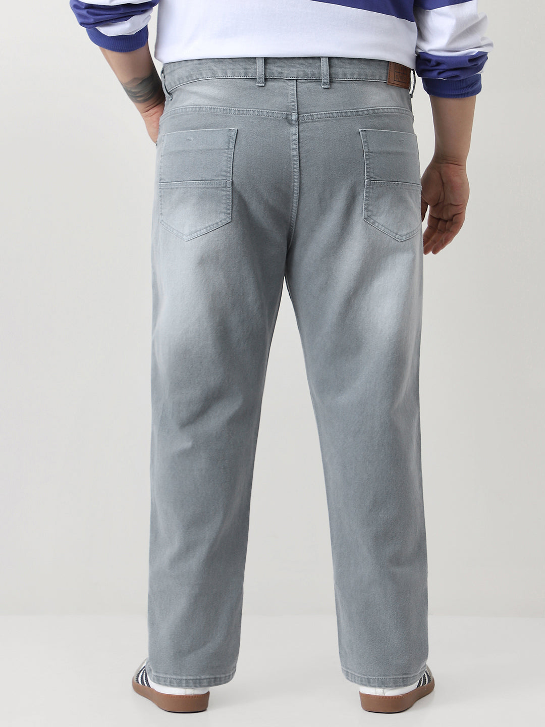 Plus Men's Light Grey Straight Fit Washed Jeans Stretchable
