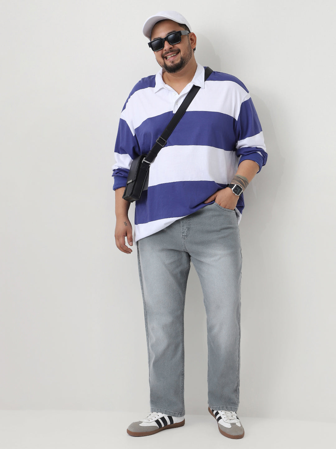 Plus Men's Light Grey Straight Fit Washed Jeans Stretchable